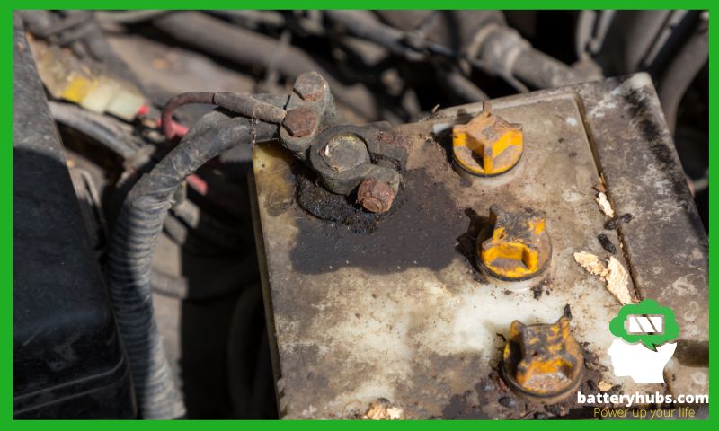 A bad car battery with visible corrosion